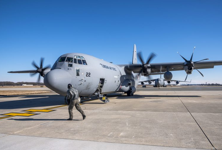 A Tunisian air force C-130J Super Hercules prepares for takeoff after completing a foreign military sales mission at Dover Air Force Base, Delaware, Jan. 28, 2021. Tunisia is a major non-NATO ally of the United States and already works with the Defense Department on many shared interests and concerns. Some of the shared interests include freedom of navigation, intelligence sharing, humanitarian operations and disaster relief. Due to its strategic geographic location, Dover AFB supports approximately $3.5 billion worth of FMS operations annually. (U.S. Air Force photo by Senior Airman Christopher Quail)