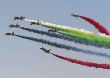 Pilots with the United Arab Emirates air force Aerobatic Display Team demonstrate the Al Fursan aircraft's inflight capabilities during the International Marrakech Airshow in Morocco, April 27, 2016. Several United States aircraft were displayed at the expo in an effort to demonstrate their capabilities to a broad audience of individuals from approximately 54 other countries. (DoD photo by Tech Sgt. Brian Kimball)