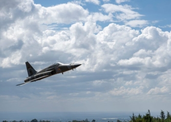 A Kenya Air Force pilot conducts a capabilities fly-by in an F-5E during Justified Accord 2024 (JA24) at the Counter Insurgency Terrorism and Stability Operations Training Centre, Nanyuki, Kenya, March 5, 2024.