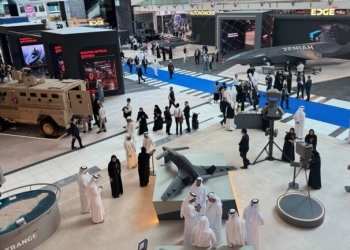 Emirate conglomerate EDGE Group had perhaps the largest exhibit of any company at IDEX 2025. (Agnes Helou / Breaking Defense)